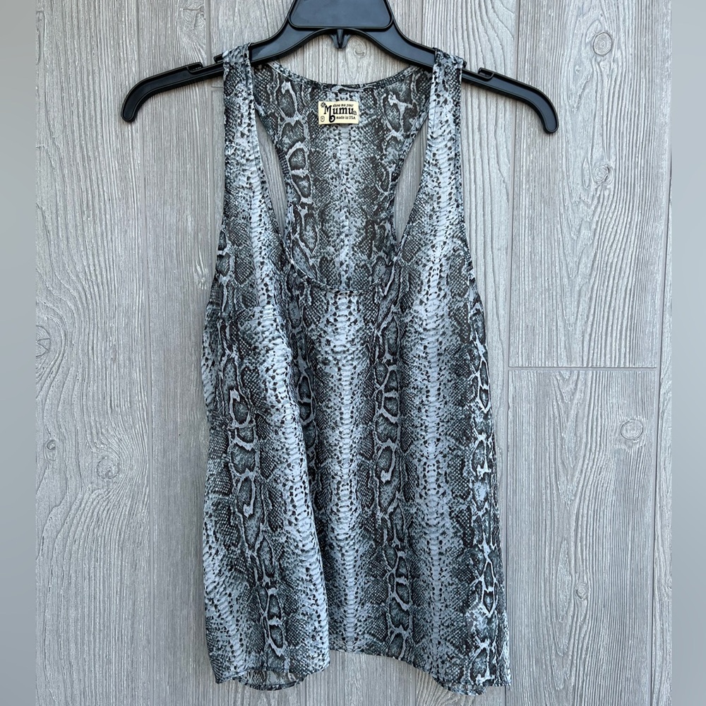 Show Me Your Mumu Snake Print Sheer Racerback Tank Top Gray Black Pocket Size M